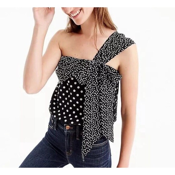 J Crew 100% Silk One shoulder Bow Top Polka Dot Black Ivory Size 0 G7678 NWT - Picture 1 of 10